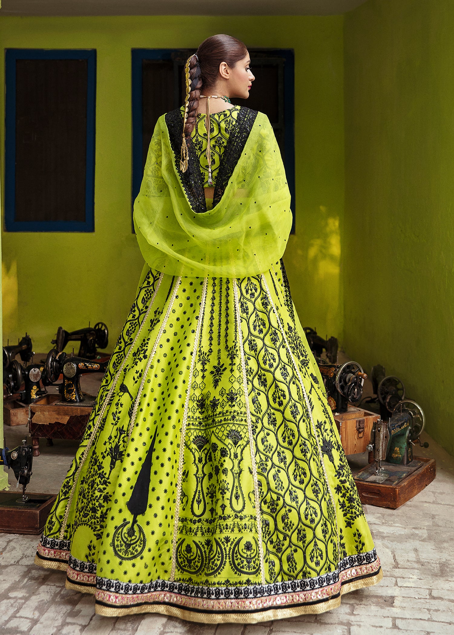 Pakistani Neon Green Embroidered Raw Silk Lehnga Choli (3-Piece) - Image 3