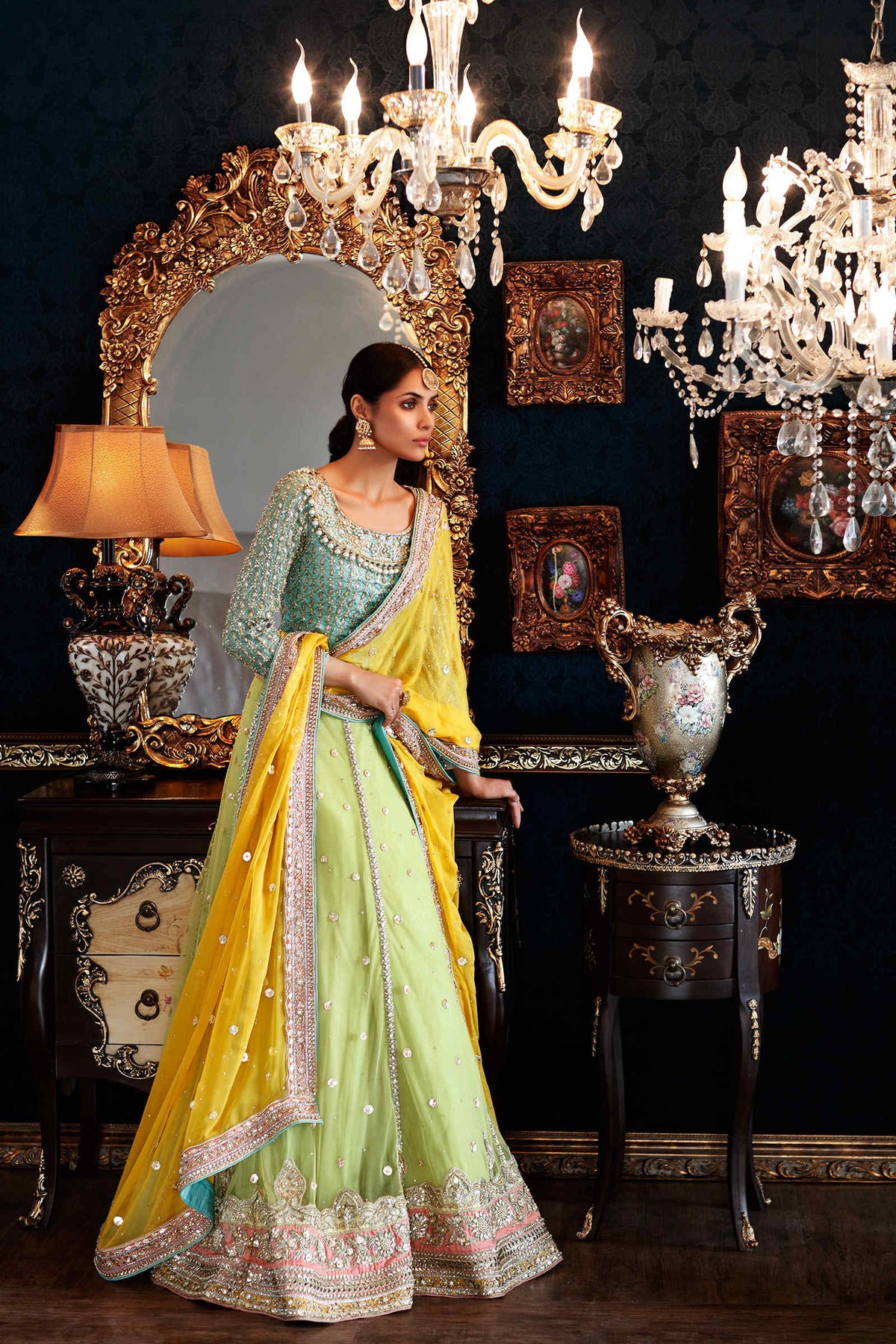 Pakistani Apple Green Dabka Naqshi Raw Silk & Net Lehenga (3-Piece) - Image 2