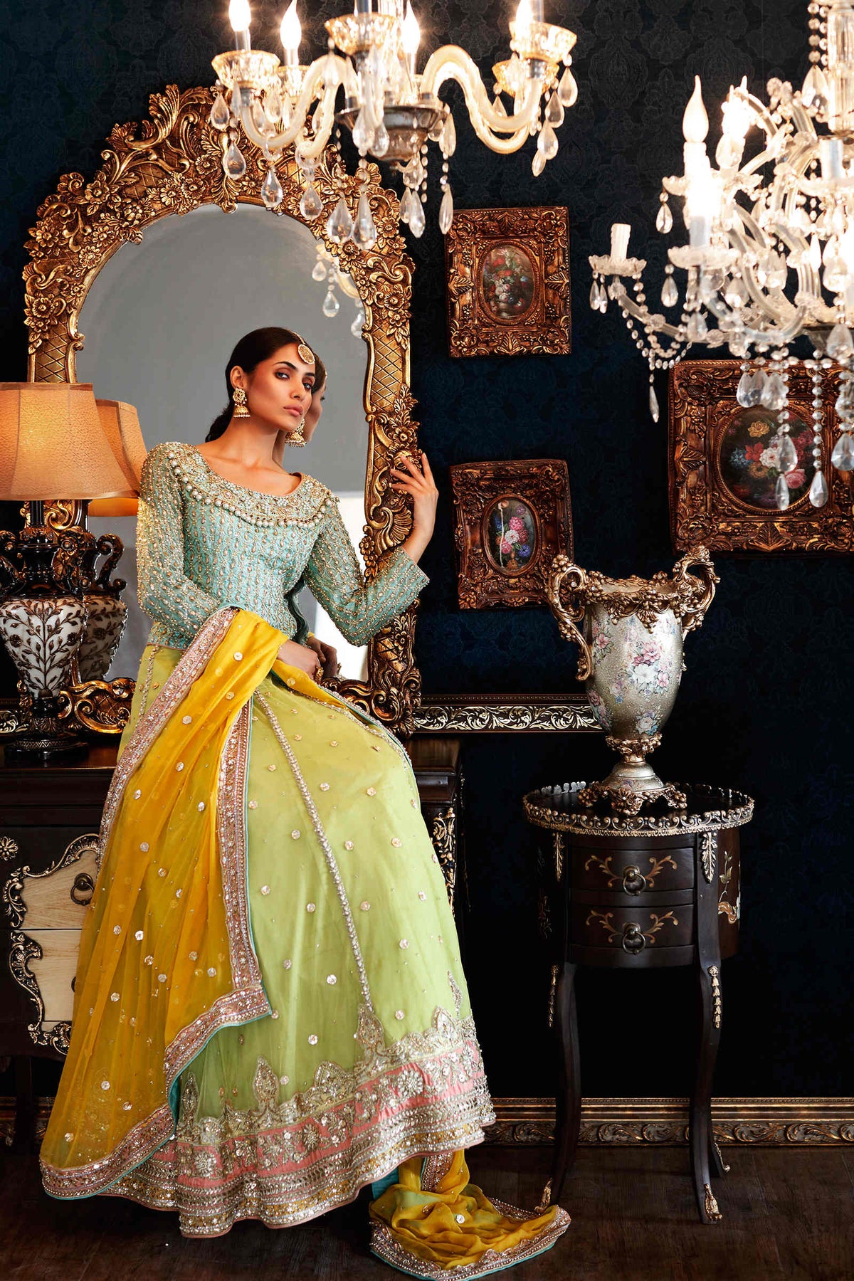 Pakistani Apple Green Dabka Naqshi Raw Silk & Net Lehenga (3-Piece) - Image 3