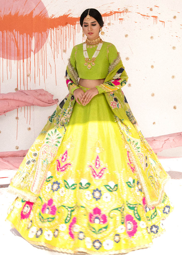 Pakistani Dhani Green Embroidered Raw Silk Lehnga Choli (3-Piece) - Image 2