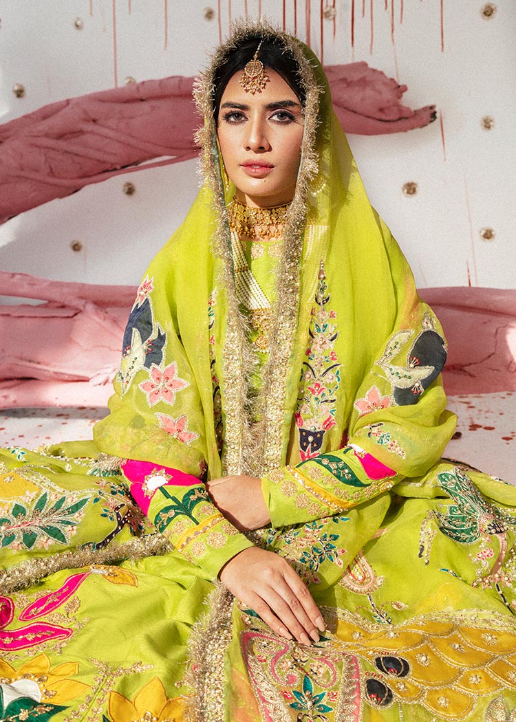 Pakistani Dhani Green Embroidered Raw Silk Lehnga Choli (3-Piece) - Image 5