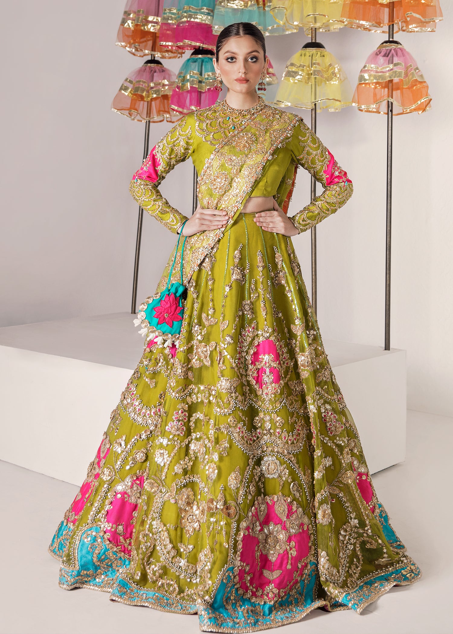 Olive Green Embellished Raw Silk Lehenga (3-Piece) - Image 1