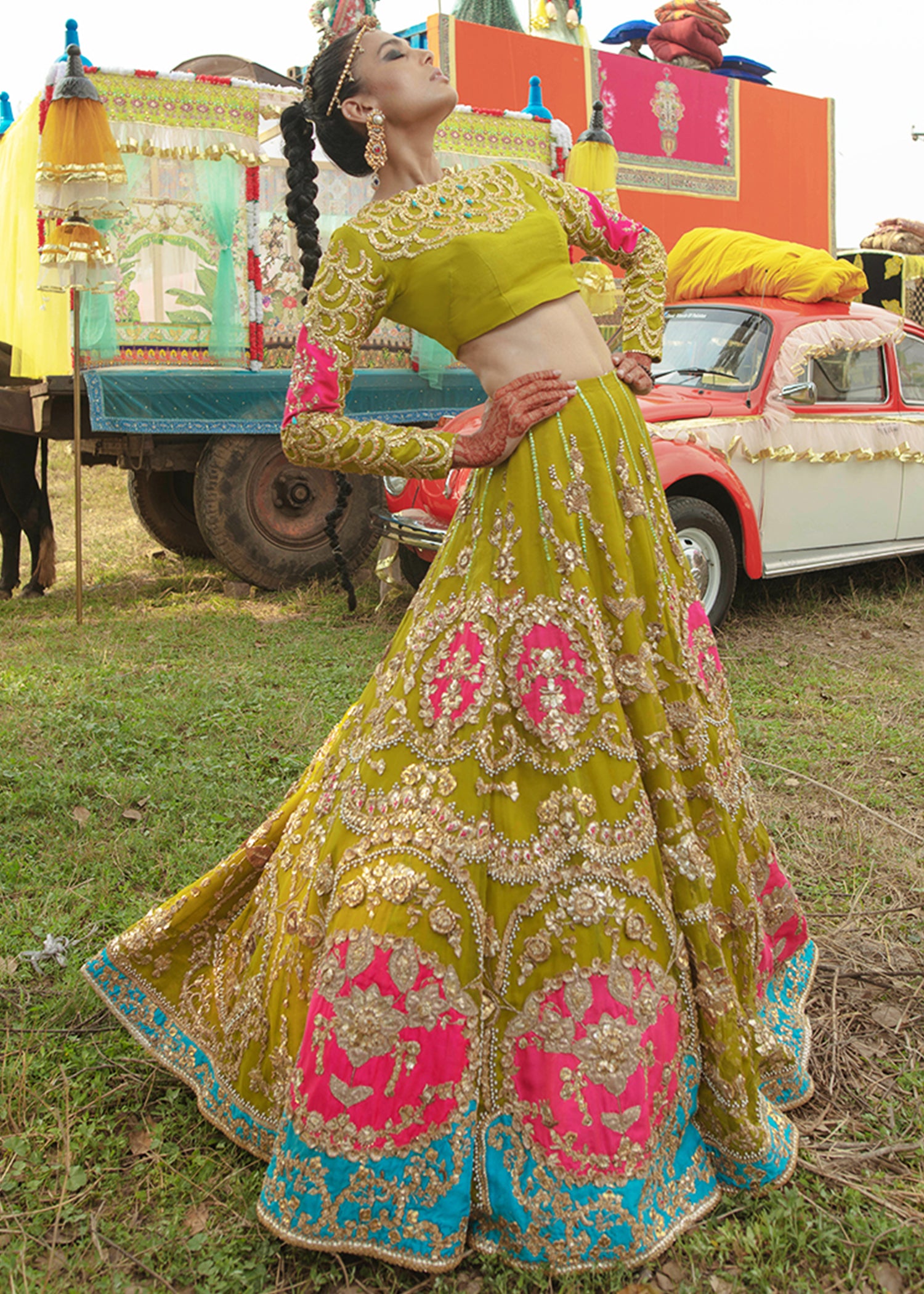 Olive Green Embellished Raw Silk Lehenga (3-Piece) - Image 10