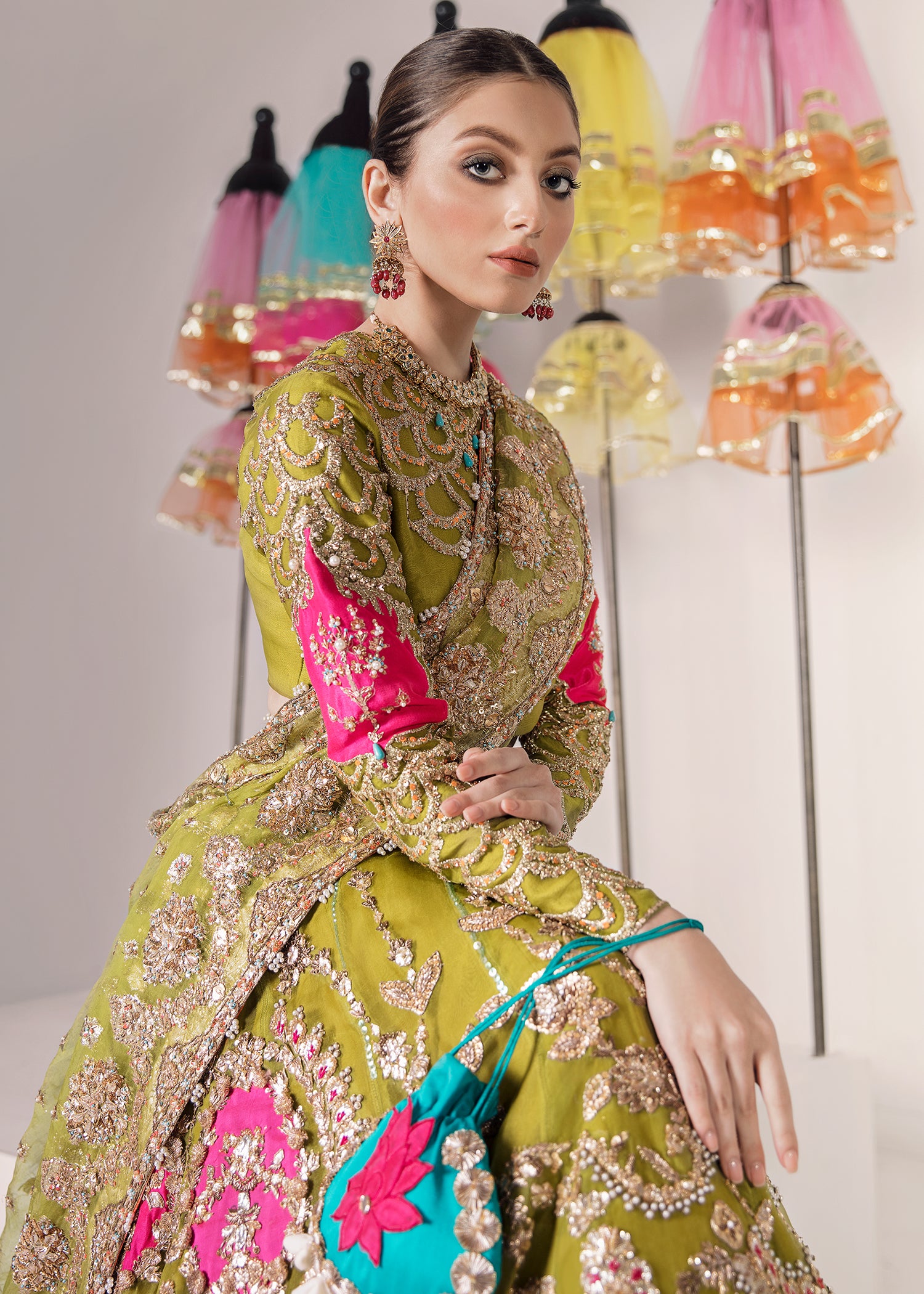 Olive Green Embellished Raw Silk Lehenga (3-Piece) - Image 3