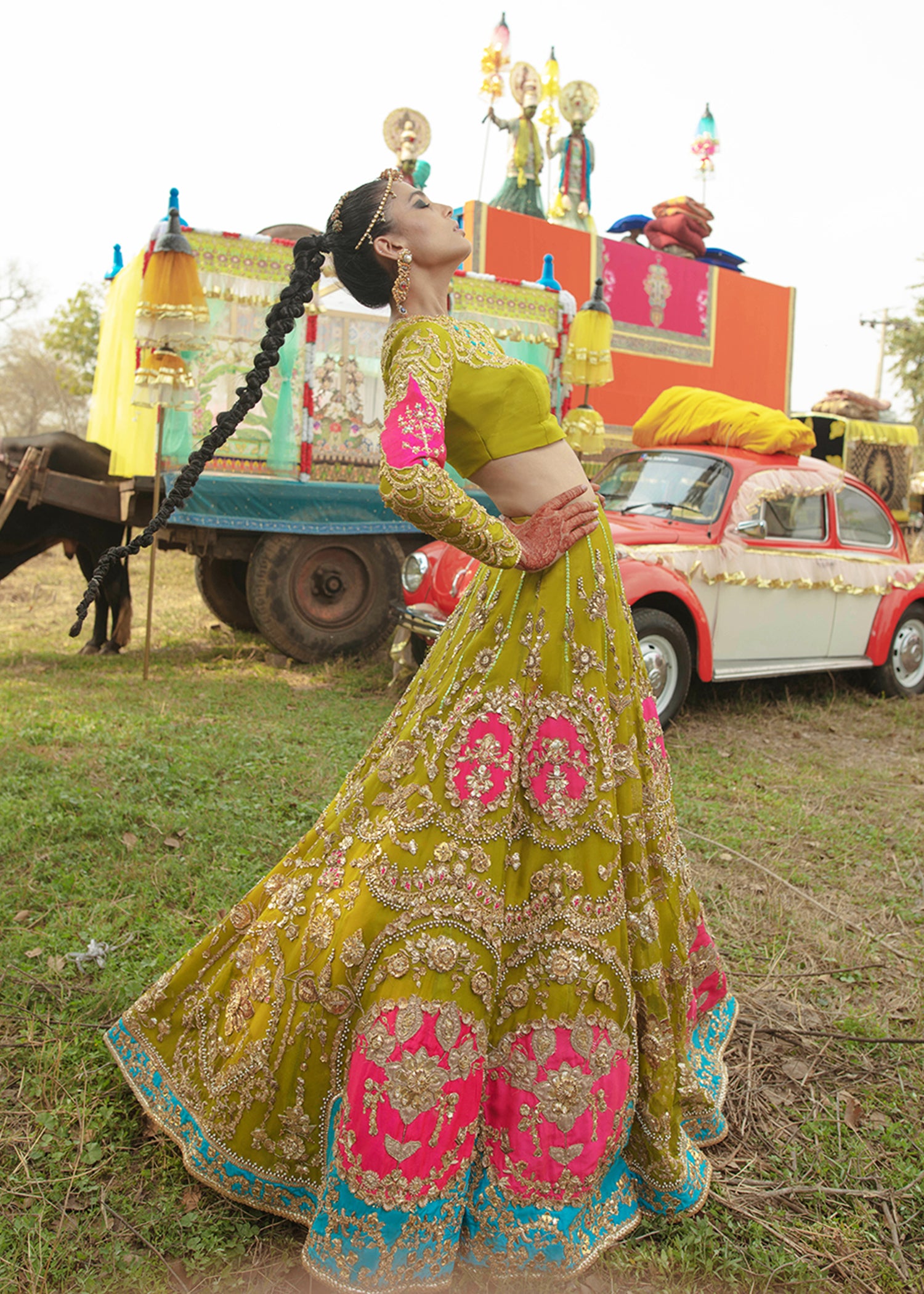 Olive Green Embellished Raw Silk Lehenga (3-Piece) - Image 5