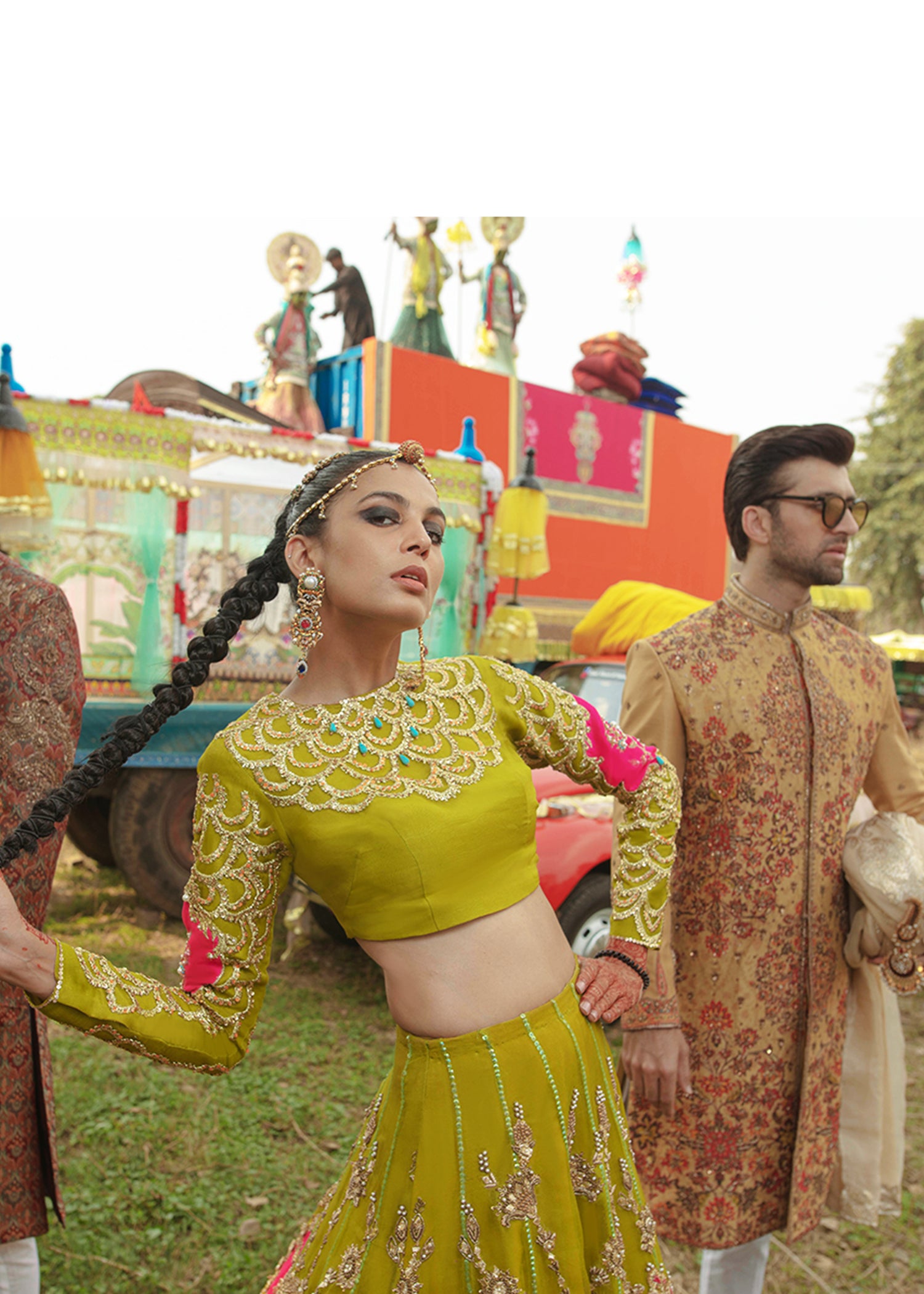 Olive Green Embellished Raw Silk Lehenga (3-Piece) - Image 6