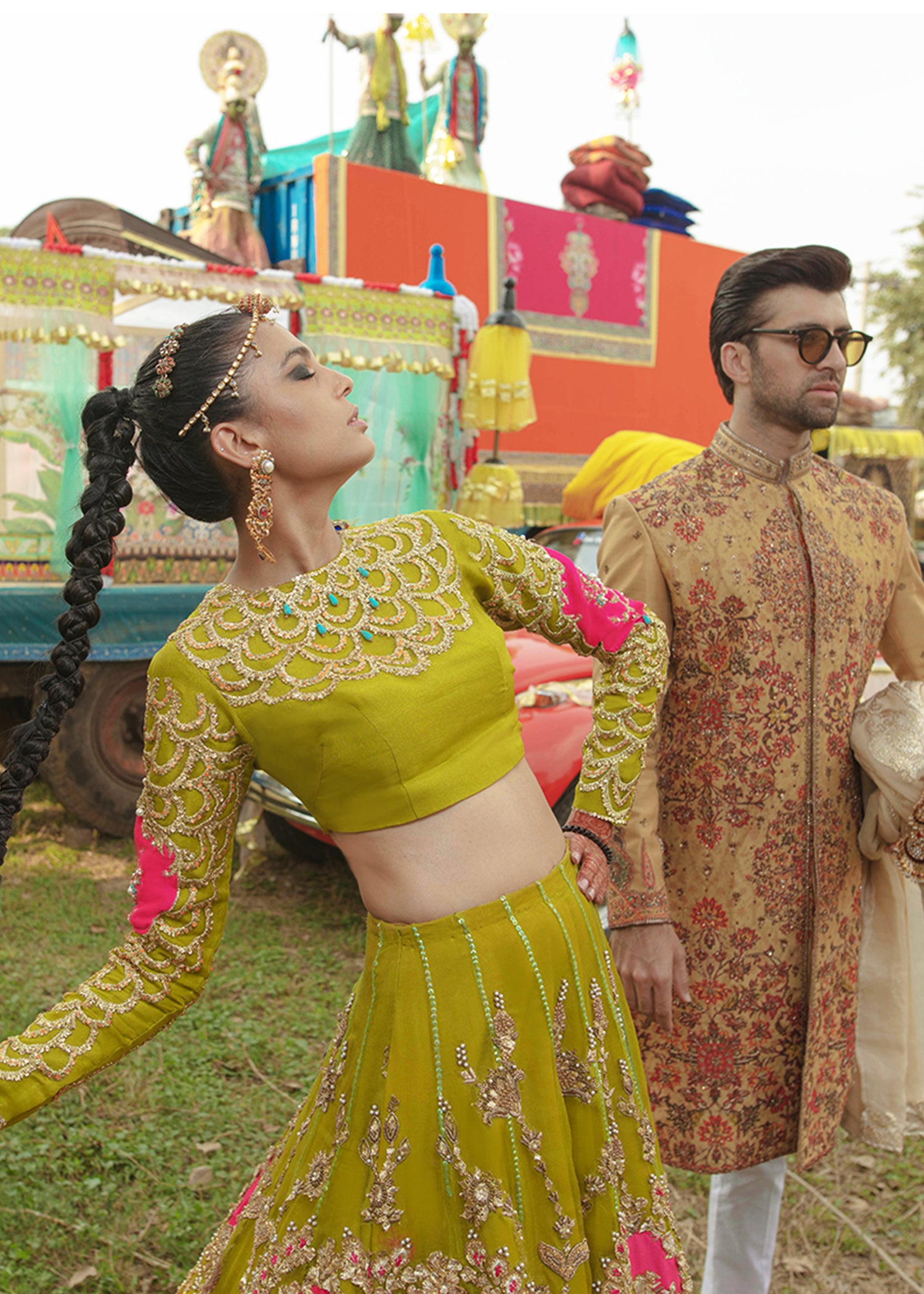 Olive Green Embellished Raw Silk Lehenga (3-Piece) - Image 7