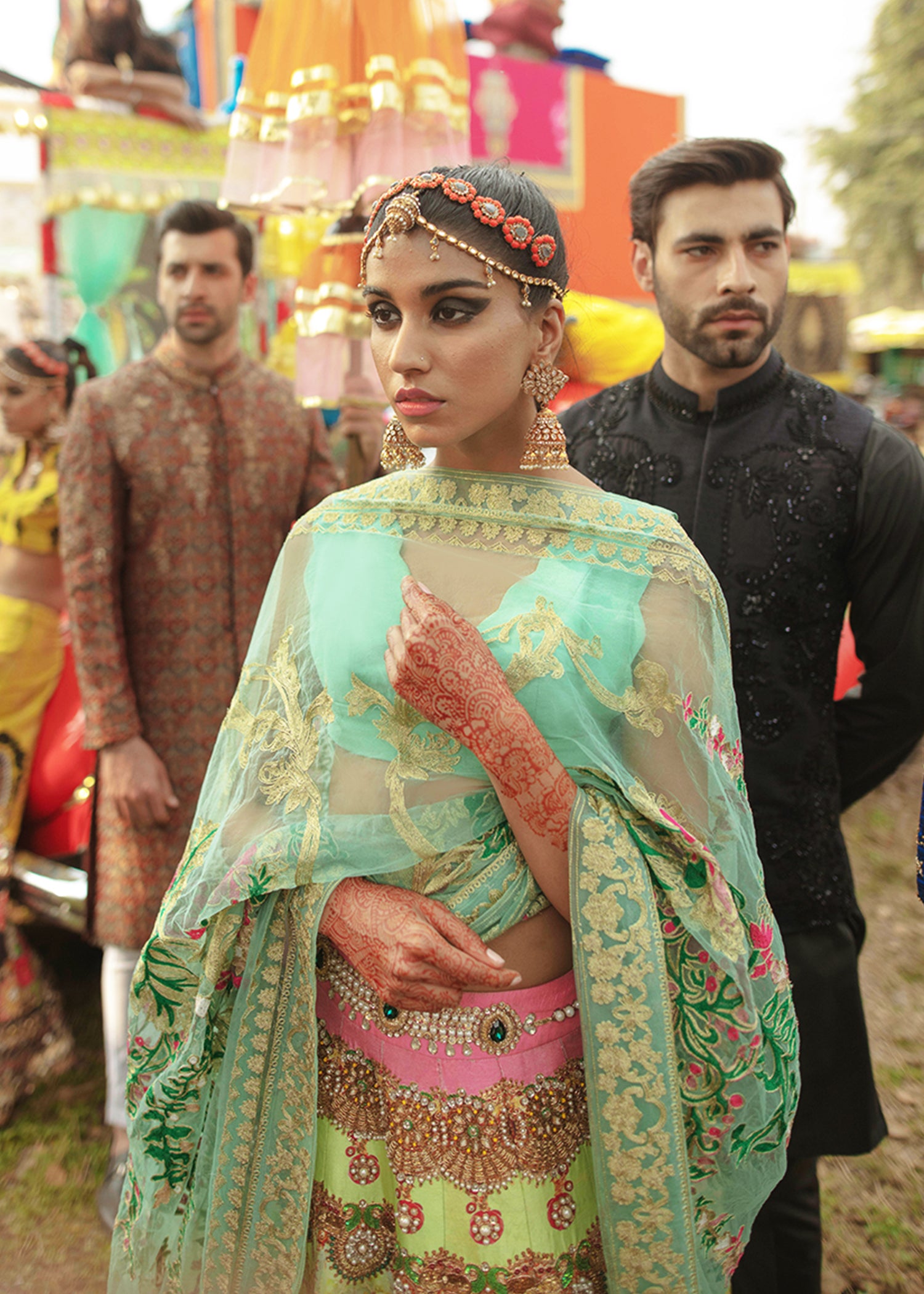 Pakistani Sea Green Embroidered Raw Silk Lehenga (3-Piece) - Image 2