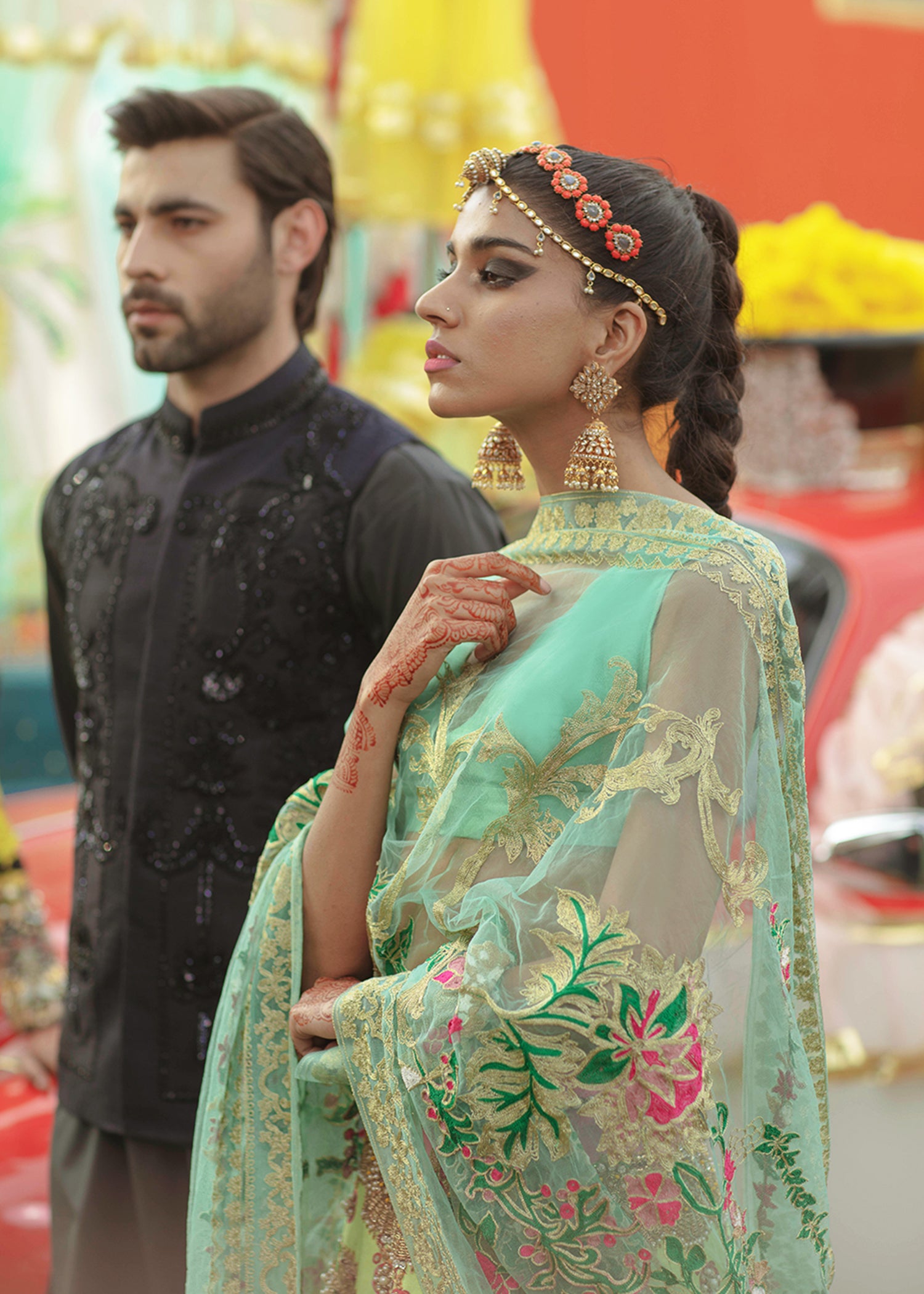 Sea Green Embellished Raw Silk Lehenga Set (3-Piece) - Image 1