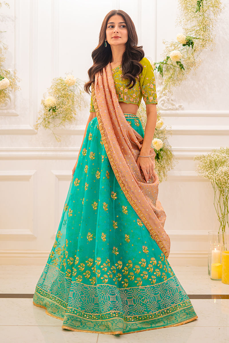 Pakistani Aqua Lime & Salmon Embellished Raw Silk Lehenga (3-Piece) - Image 1