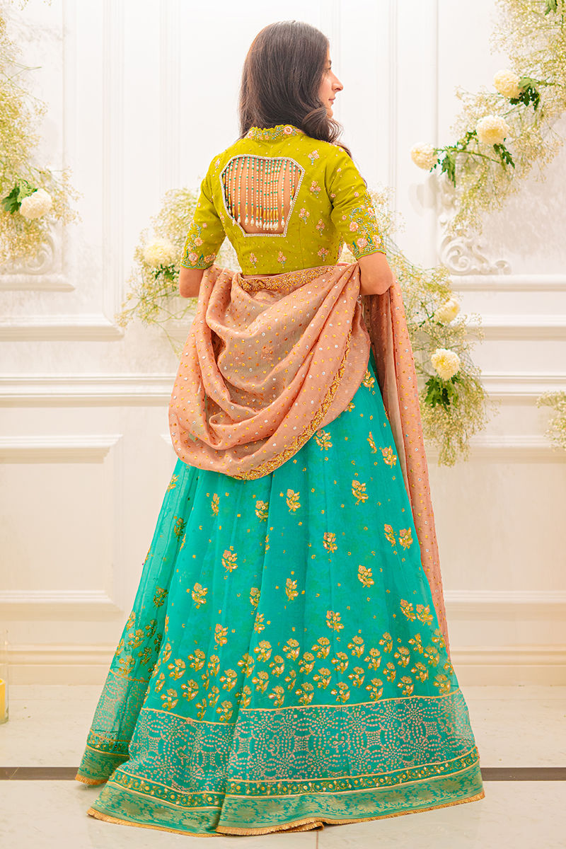 Pakistani Aqua Lime & Salmon Embellished Raw Silk Lehenga (3-Piece) - Image 3