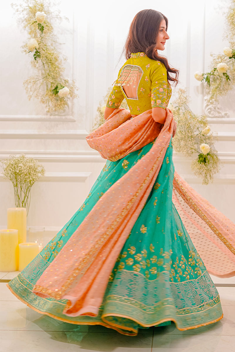 Pakistani Aqua Lime & Salmon Embellished Raw Silk Lehenga (3-Piece) - Image 4