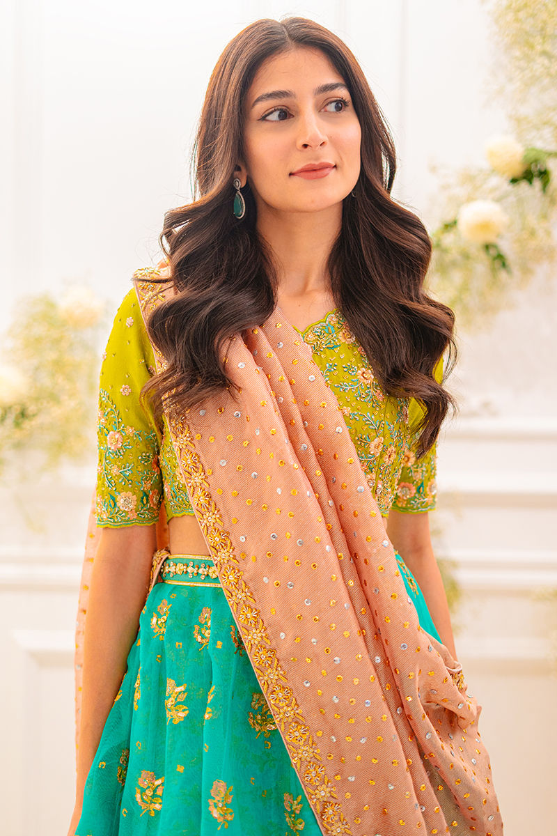Pakistani Aqua Lime & Salmon Embellished Raw Silk Lehenga (3-Piece) - Image 5
