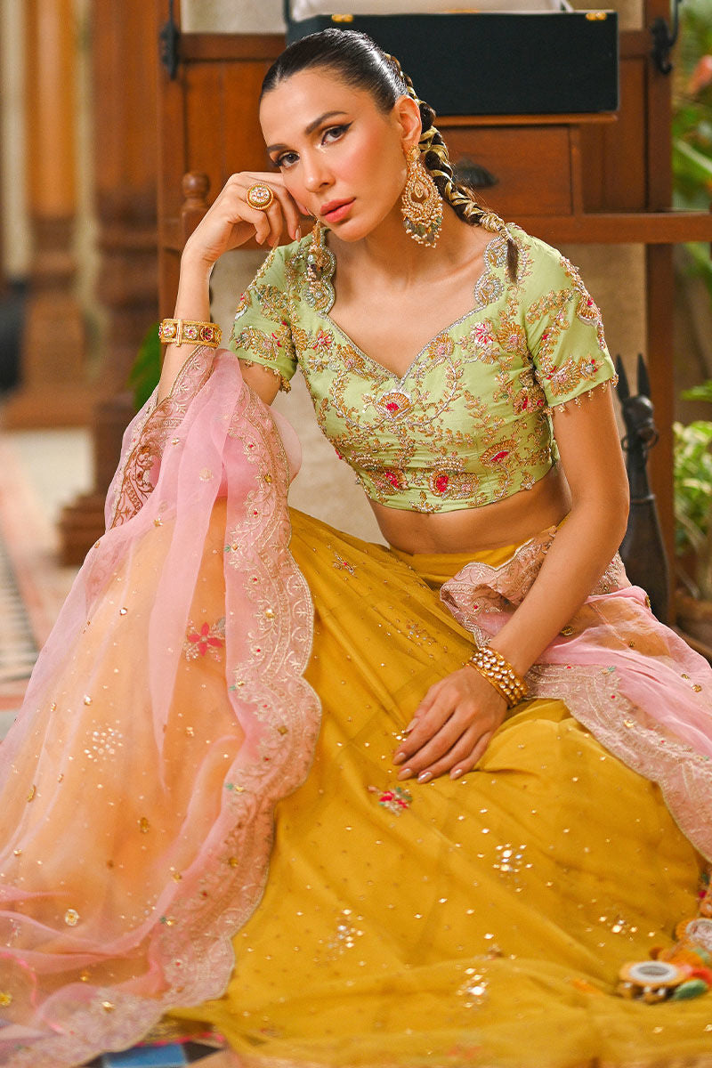 Apple Green Embroidered Raw Silk Lehenga (3-Piece) - Image 10