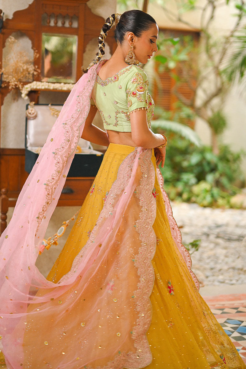 Apple Green Embroidered Raw Silk Lehenga (3-Piece) - Image 11