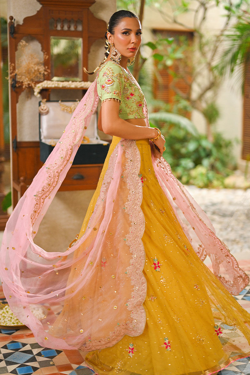 Apple Green Embroidered Raw Silk Lehenga (3-Piece) - Image 13