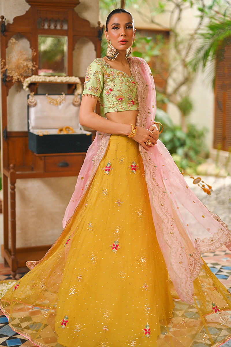 Apple Green Embroidered Raw Silk Lehenga (3-Piece) - Image 14