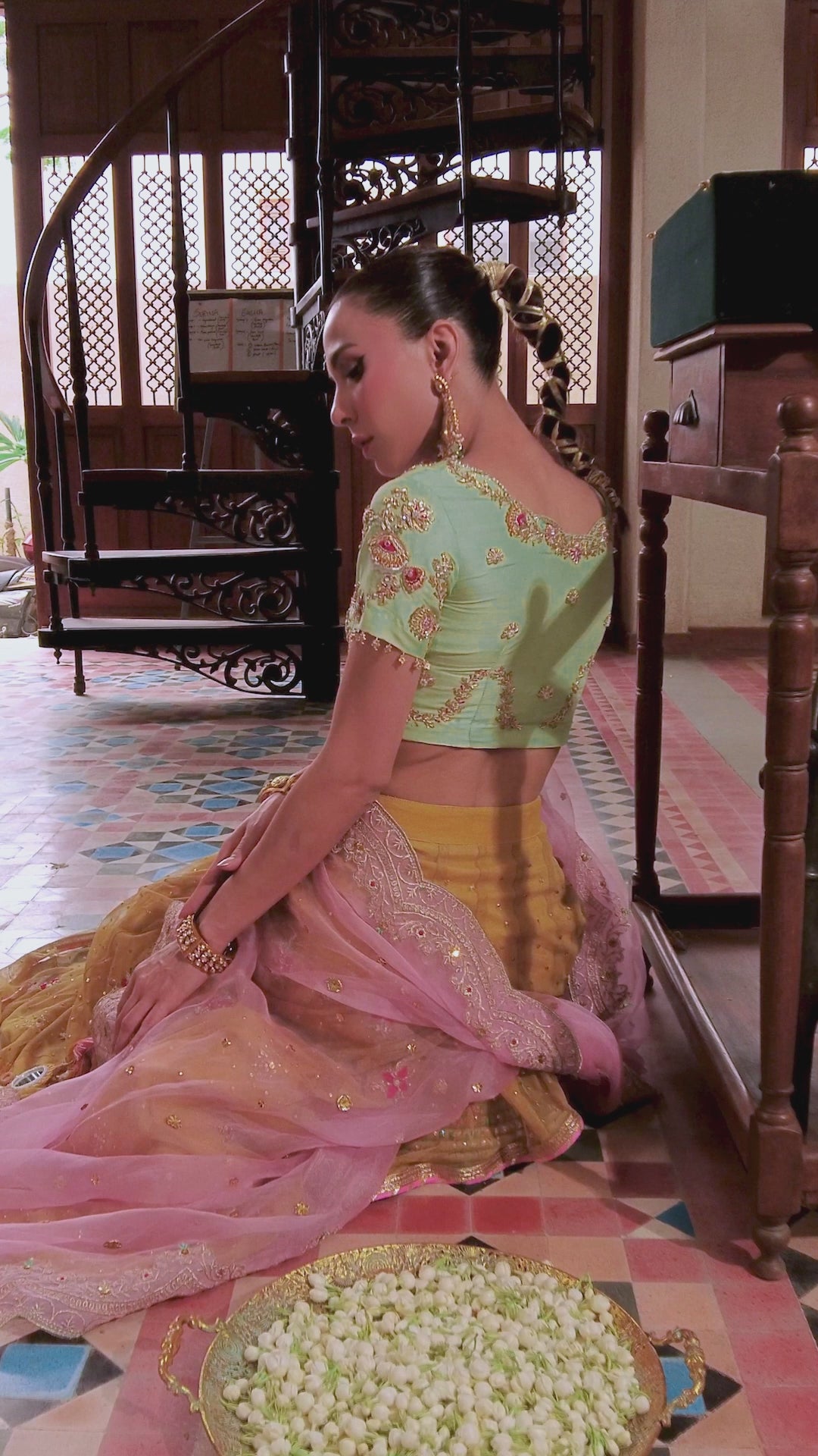 Apple Green Embroidered Raw Silk Lehenga (3-Piece) - Image 16