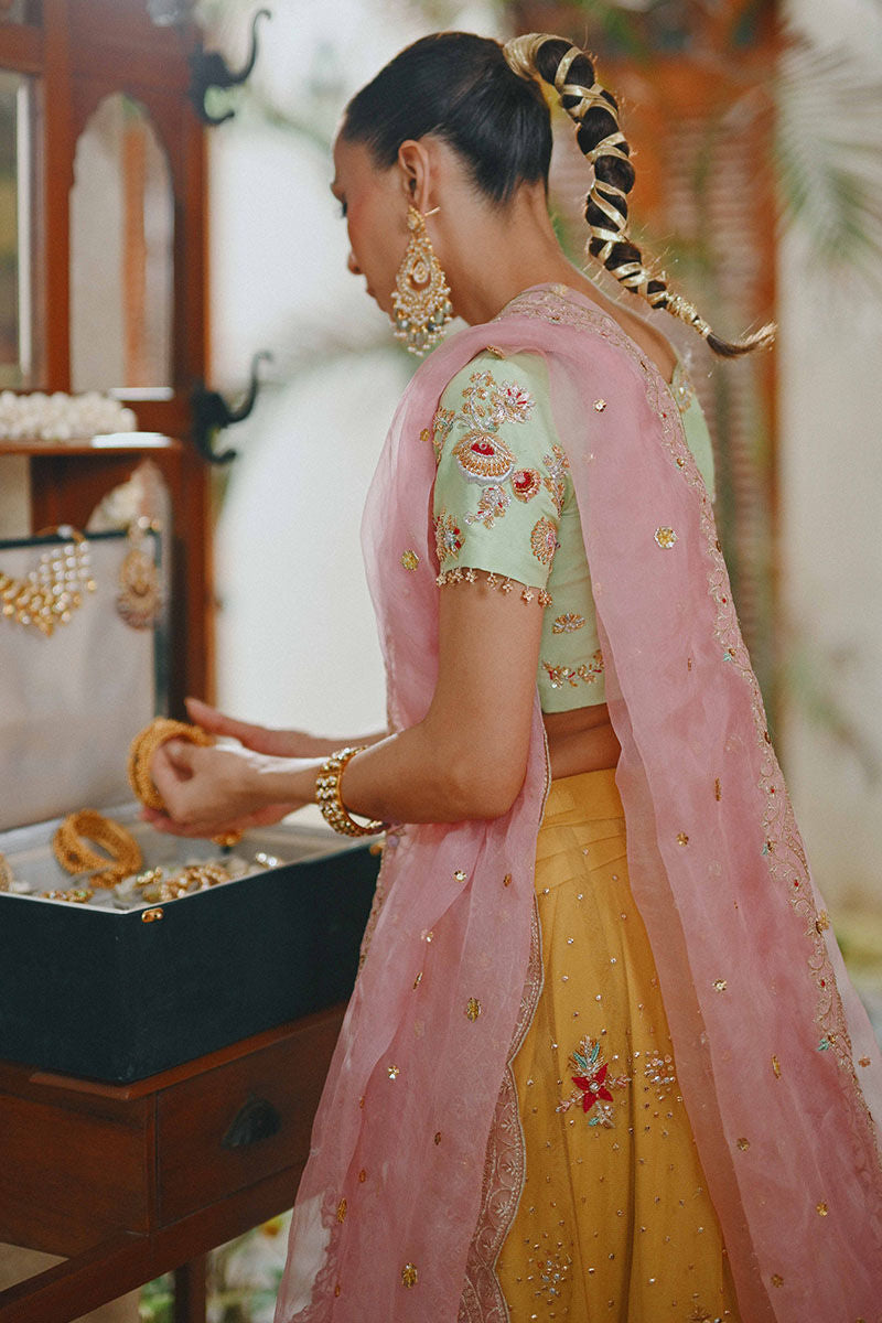 Apple Green Embroidered Raw Silk Lehenga (3-Piece) - Image 6