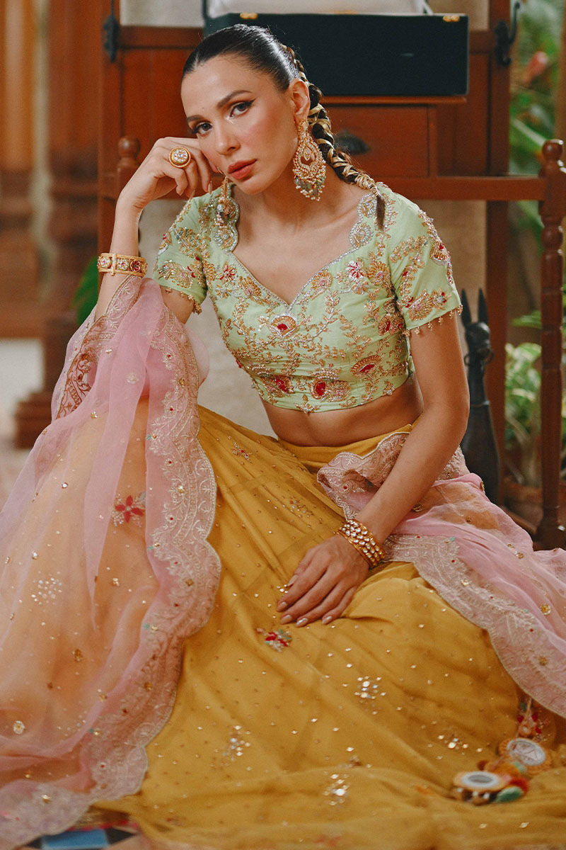 Apple Green Embroidered Raw Silk Lehenga (3-Piece) - Image 7