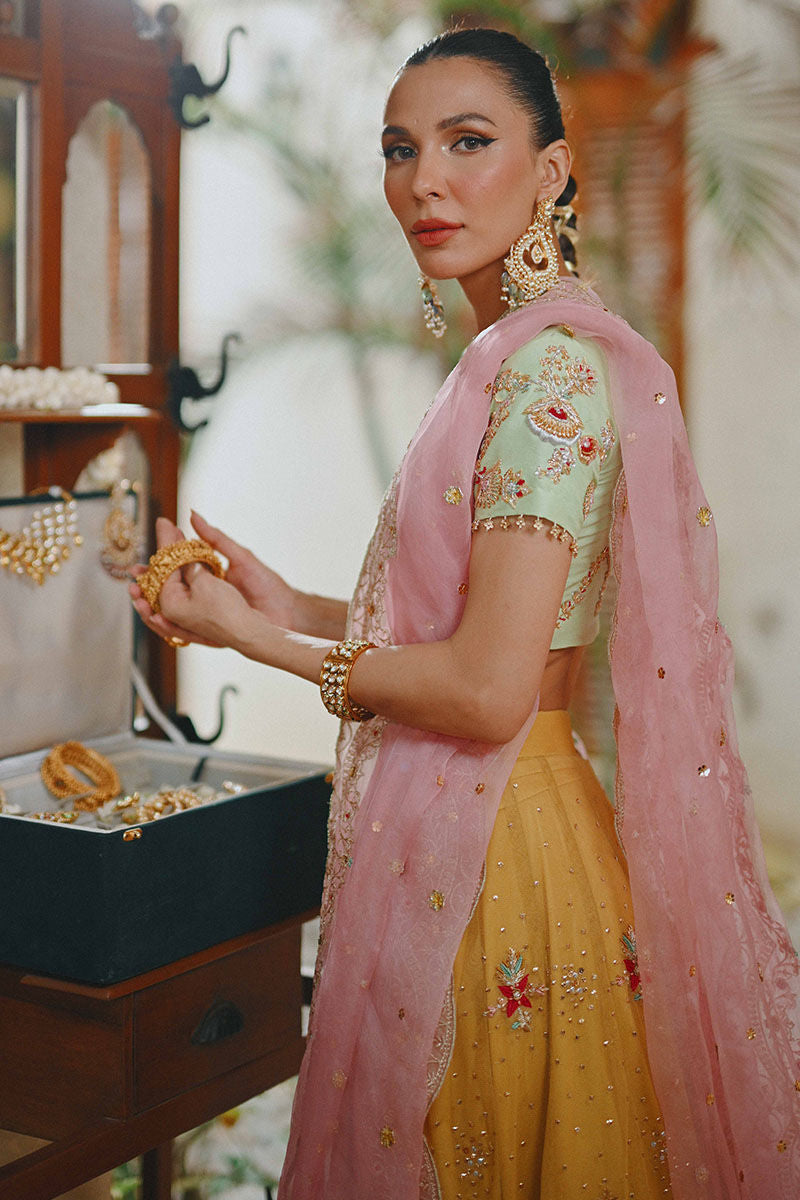 Apple Green Embroidered Raw Silk Lehenga (3-Piece) - Image 8