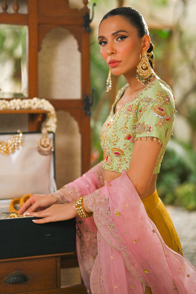 Apple Green Embroidered Raw Silk Lehenga (3-Piece) - Image 9