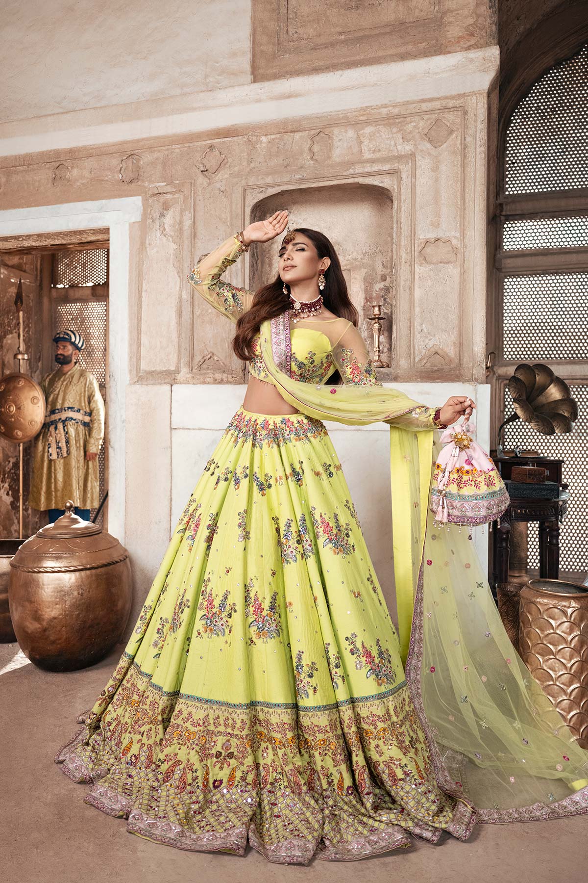 Pakistani Acid Green Embellished Raw Silk & Net Lehenga Choli (3-Piece) - Image 1