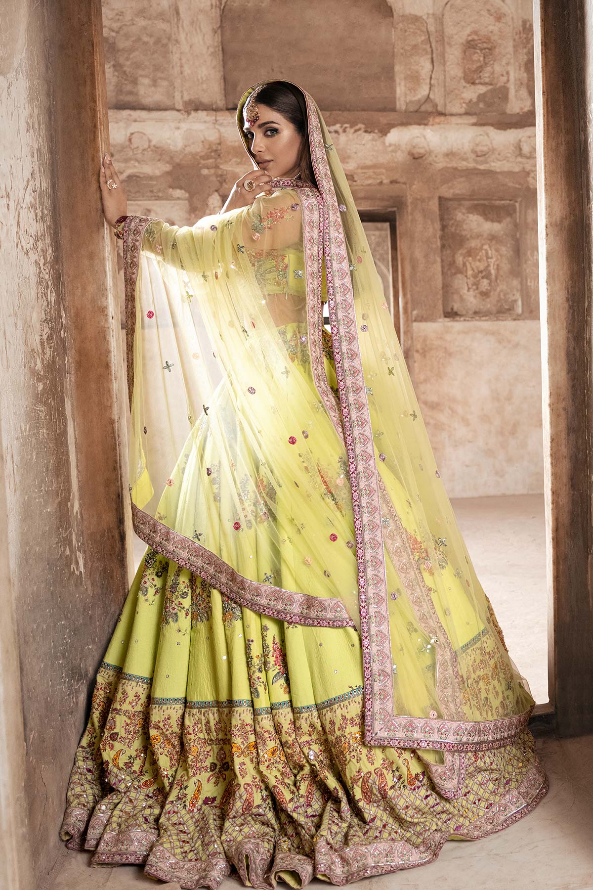 Pakistani Acid Green Embellished Raw Silk & Net Lehenga Choli (3-Piece) - Image 2