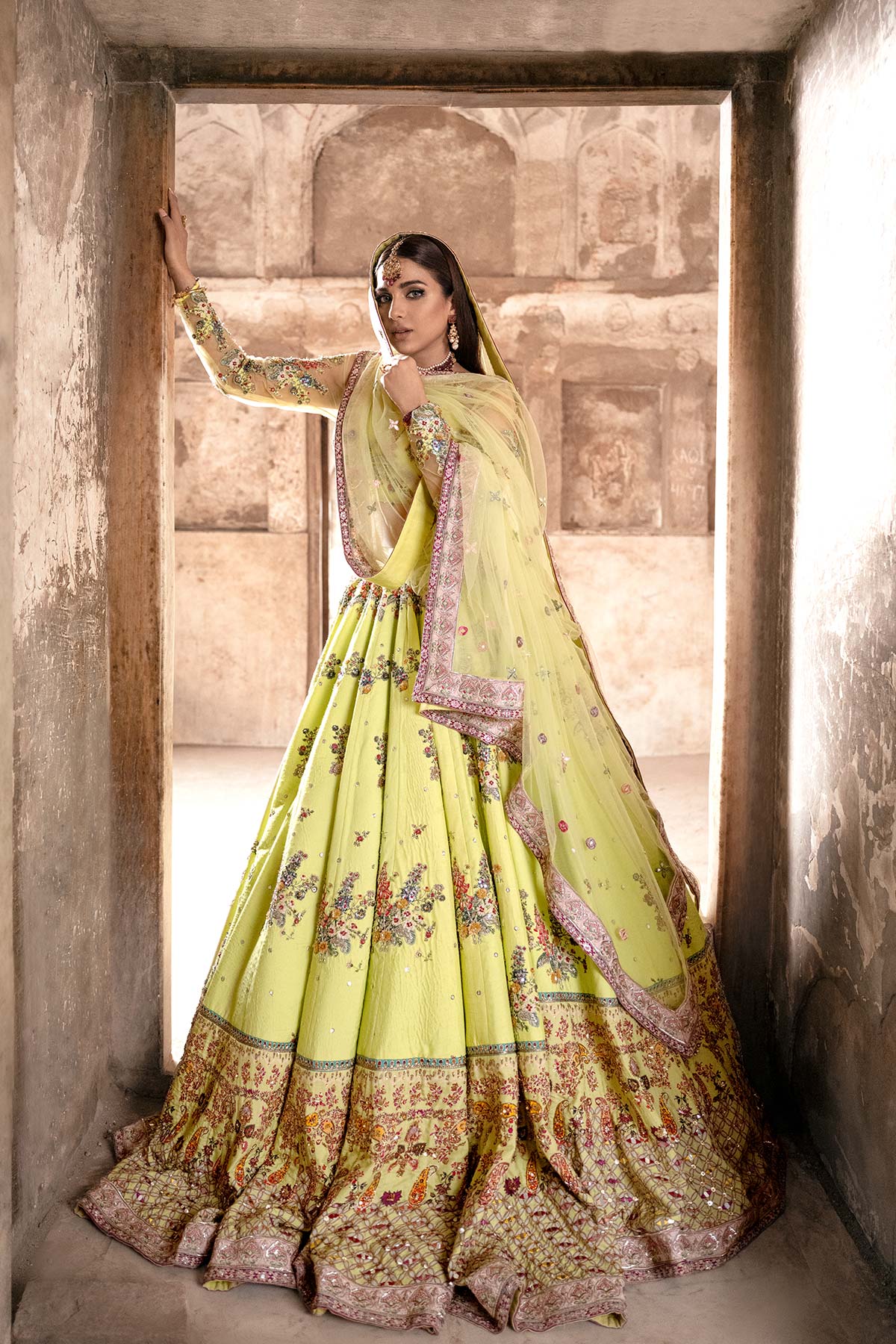 Pakistani Acid Green Embellished Raw Silk & Net Lehenga Choli (3-Piece) - Image 3