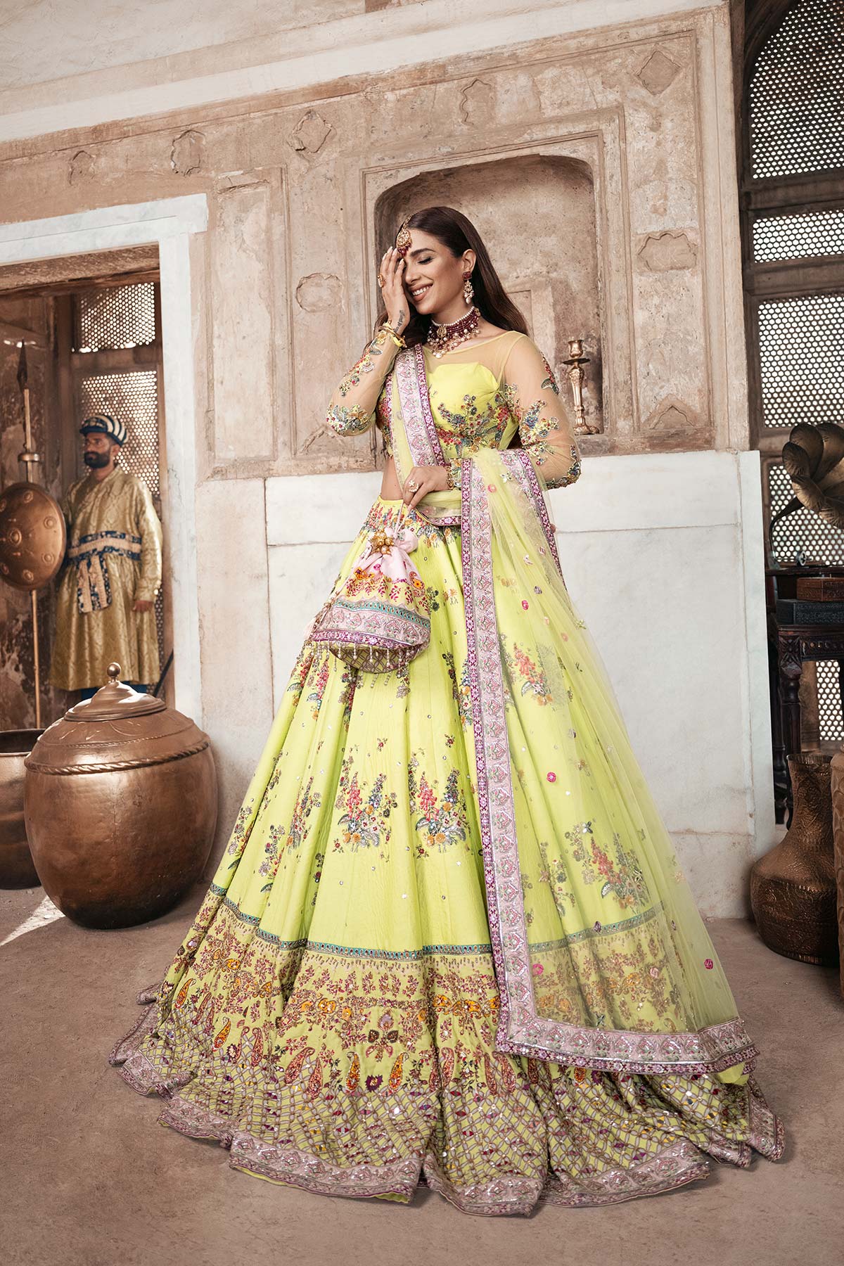 Pakistani Acid Green Embellished Raw Silk & Net Lehenga Choli (3-Piece) - Image 5