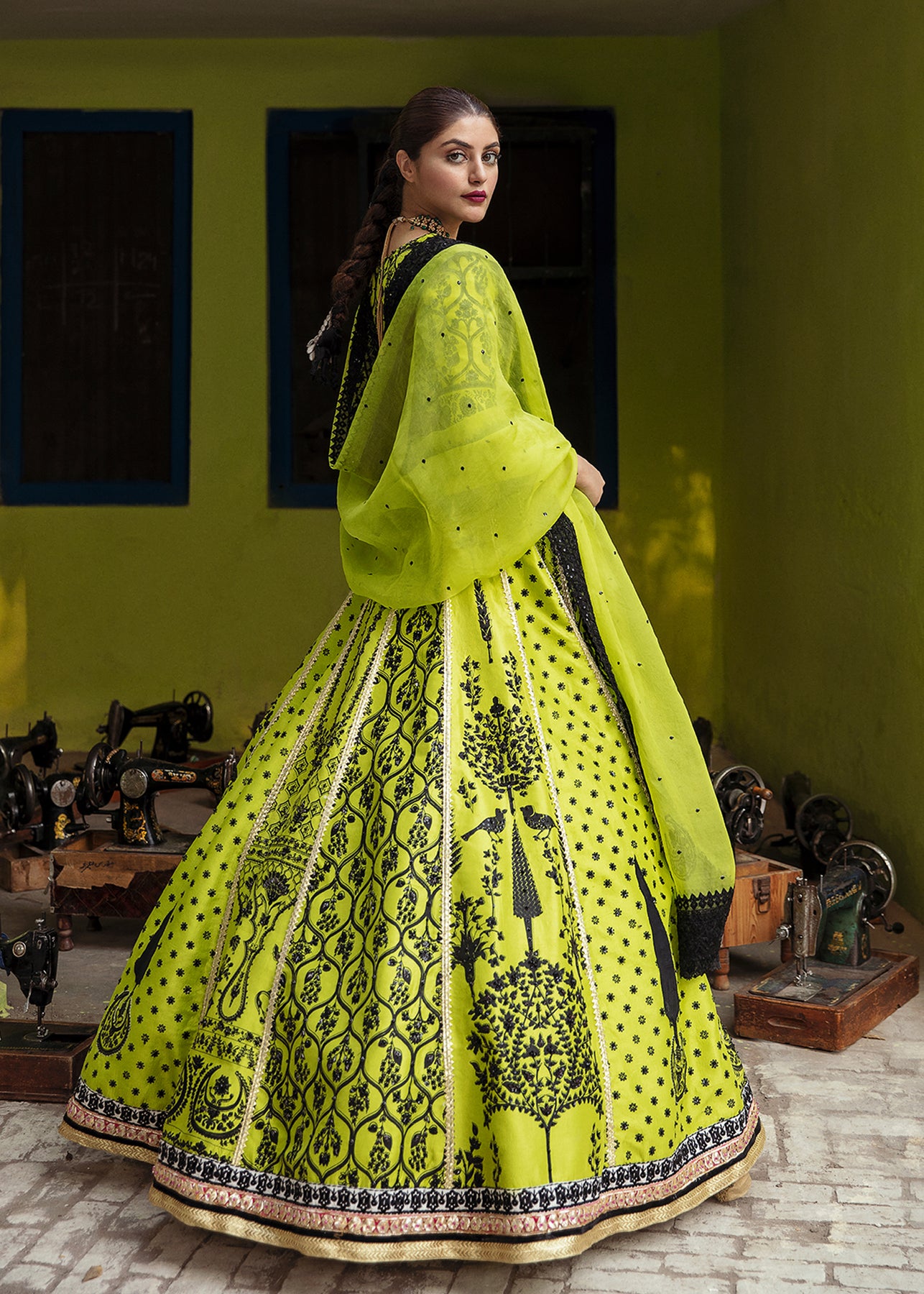 Pakistani Neon Green Embroidered Raw Silk Lehnga Choli (3-Piece) - Image 3