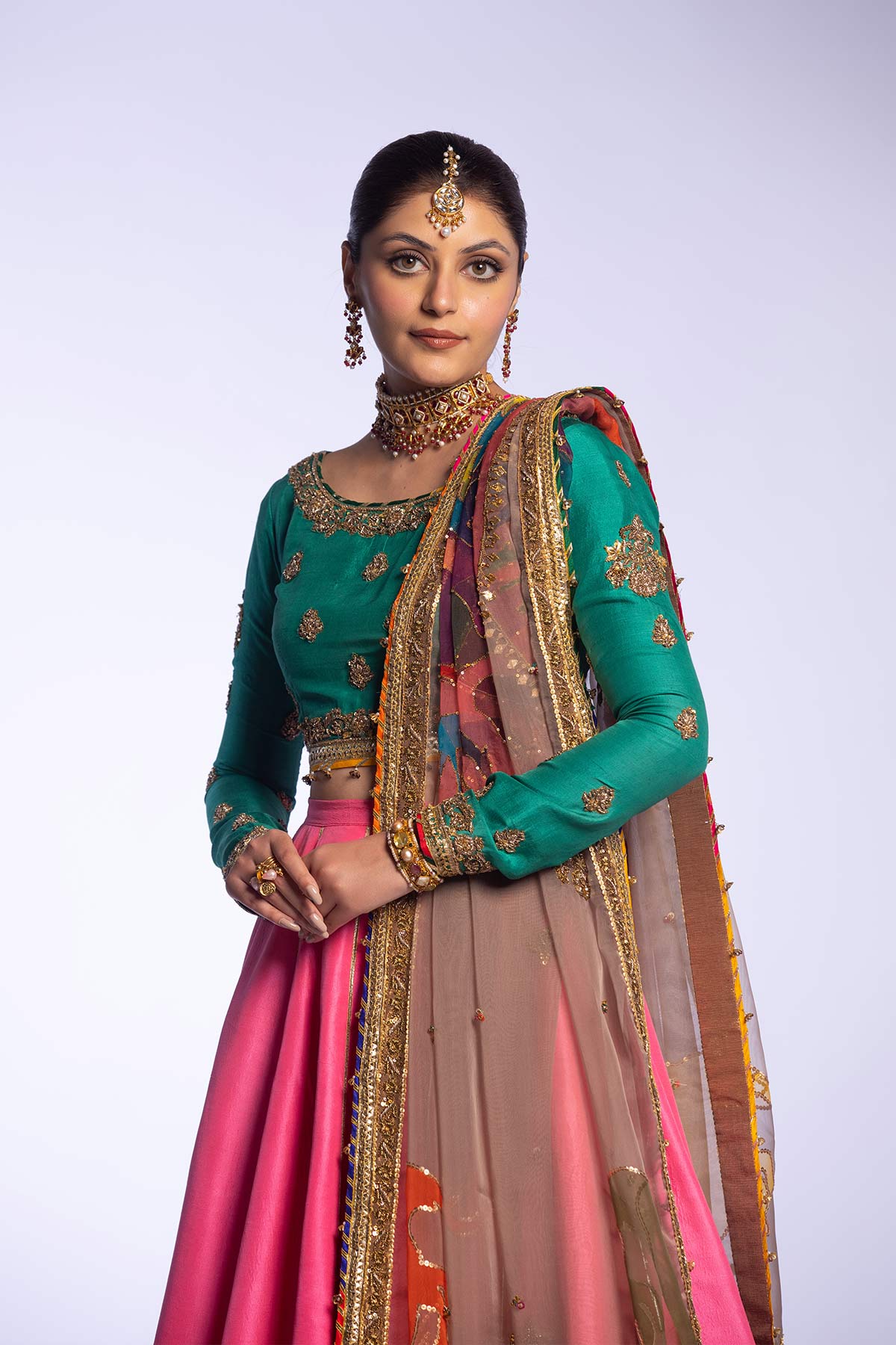 Pakistani Jade Zardozi Raw Silk Lehenga Choli (3-Piece) - Image 6