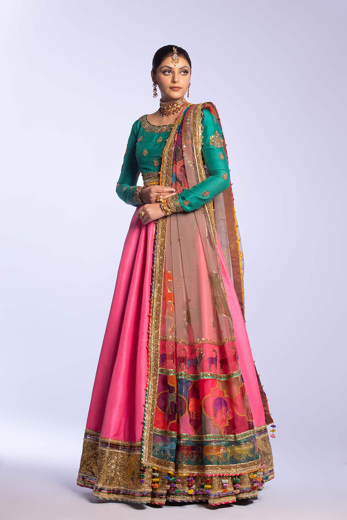 Pakistani Jade Zardozi Raw Silk Lehenga Choli (3-Piece) - Image 9