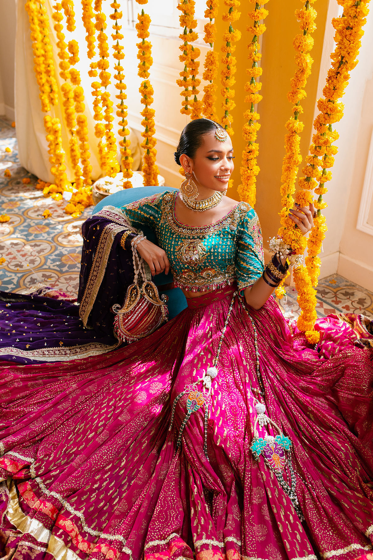 Pakistani Emerald Zardozi Raw Silk Choli with Chiffon Lehenga (3-Piece) - Image 10