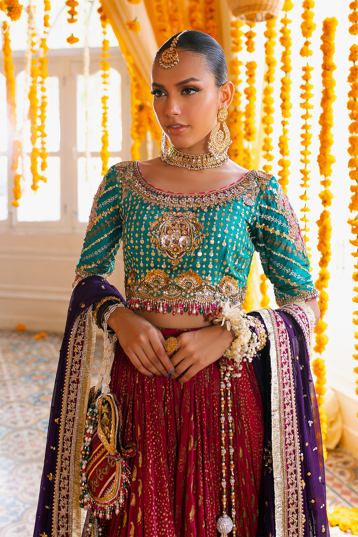 Pakistani Emerald Zardozi Raw Silk Choli with Chiffon Lehenga (3-Piece) - Image 2