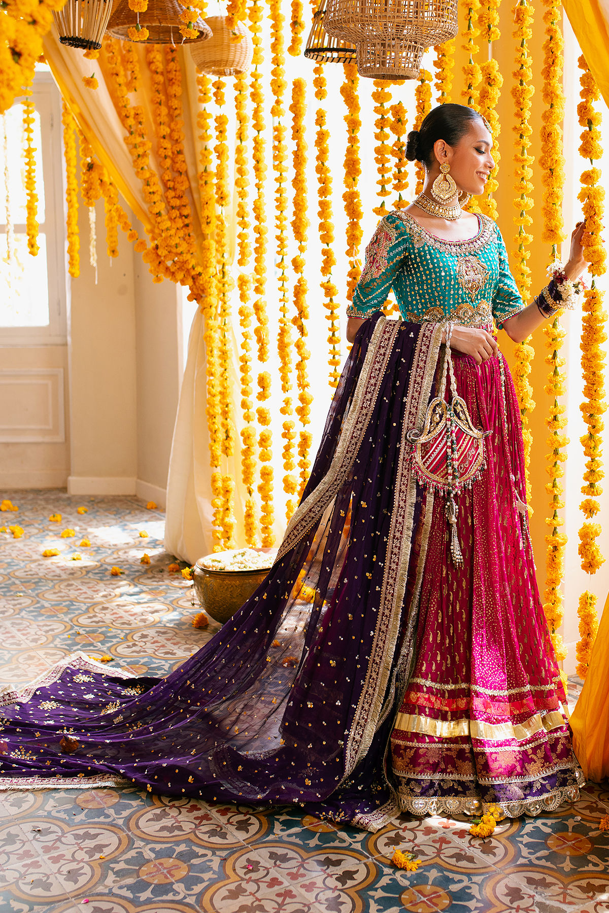 Pakistani Emerald Zardozi Raw Silk Choli with Chiffon Lehenga (3-Piece) - Image 4
