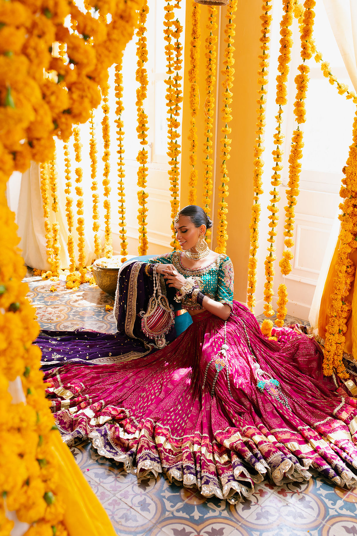 Pakistani Emerald Zardozi Raw Silk Choli with Chiffon Lehenga (3-Piece) - Image 5
