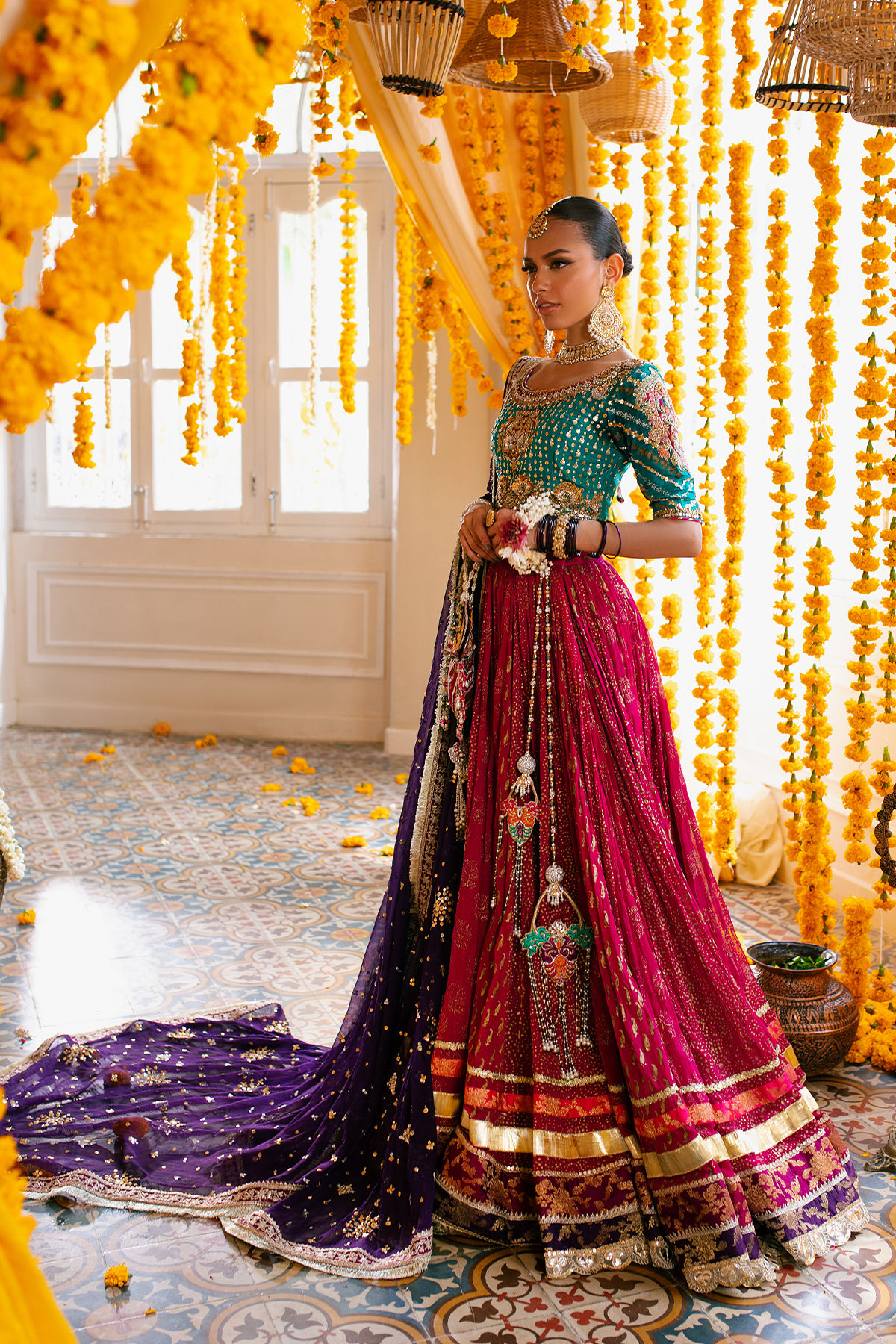 Pakistani Emerald Zardozi Raw Silk Choli with Chiffon Lehenga (3-Piece) - Image 7