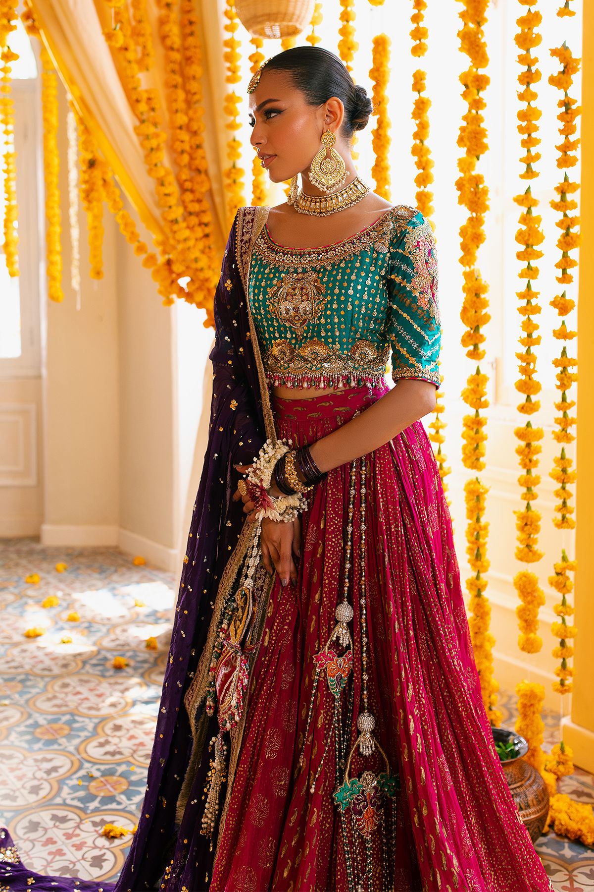 Pakistani Emerald Zardozi Raw Silk Choli with Chiffon Lehenga (3-Piece) - Image 8