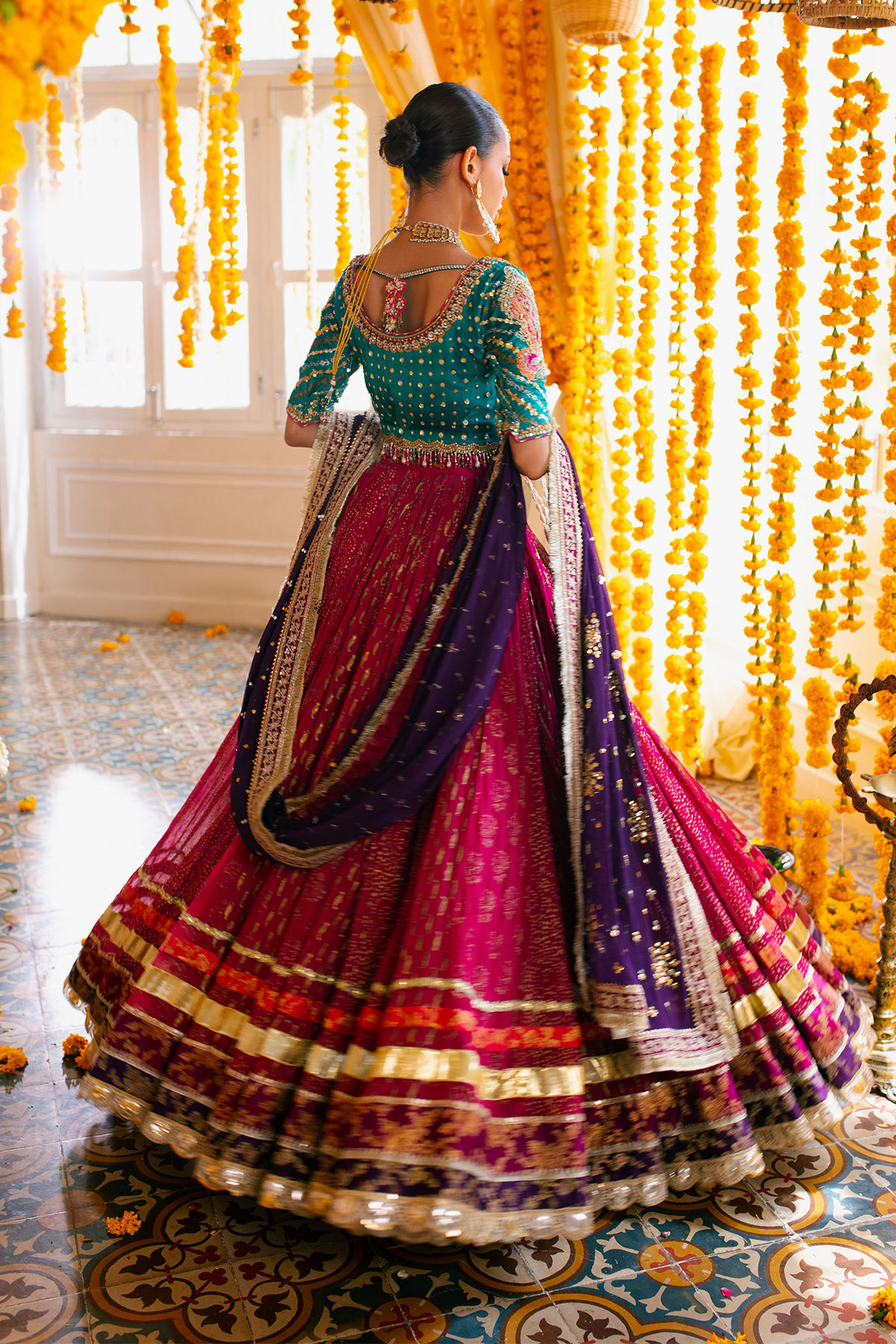 Pakistani Emerald Zardozi Raw Silk Choli with Chiffon Lehenga (3-Piece) - Image 9