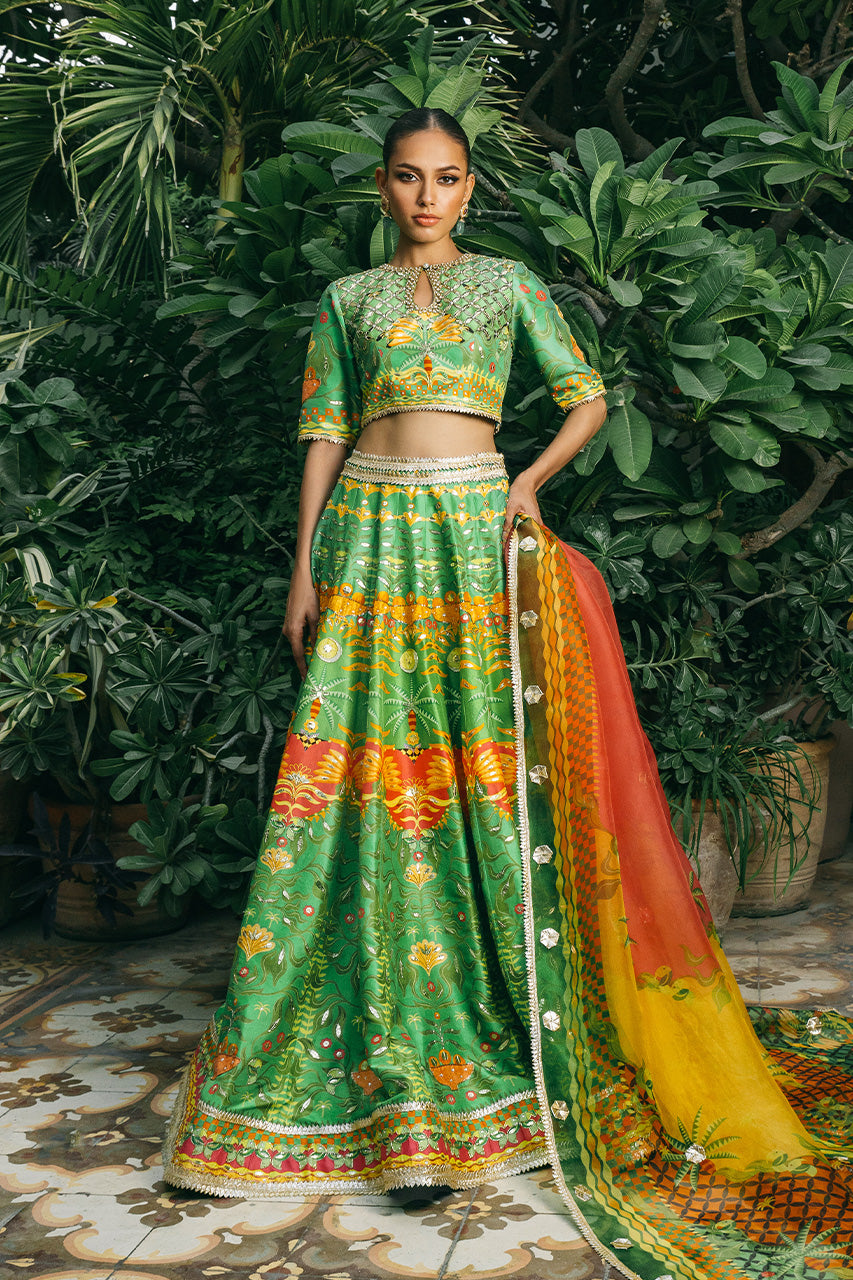 Parrot Green Zardozi Raw Silk Lehenga Choli (3-Piece) - Image 1
