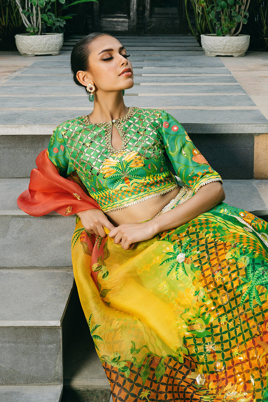 Parrot Green Zardozi Raw Silk Lehenga Choli (3-Piece) - Image 2