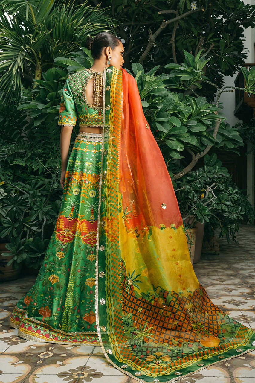 Parrot Green Zardozi Raw Silk Lehenga Choli (3-Piece) - Image 3