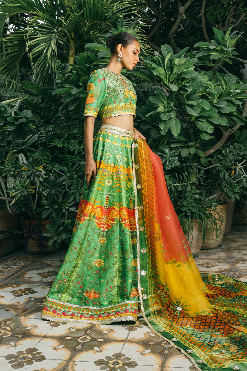 Parrot Green Zardozi Raw Silk Lehenga Choli (3-Piece) - Image 4