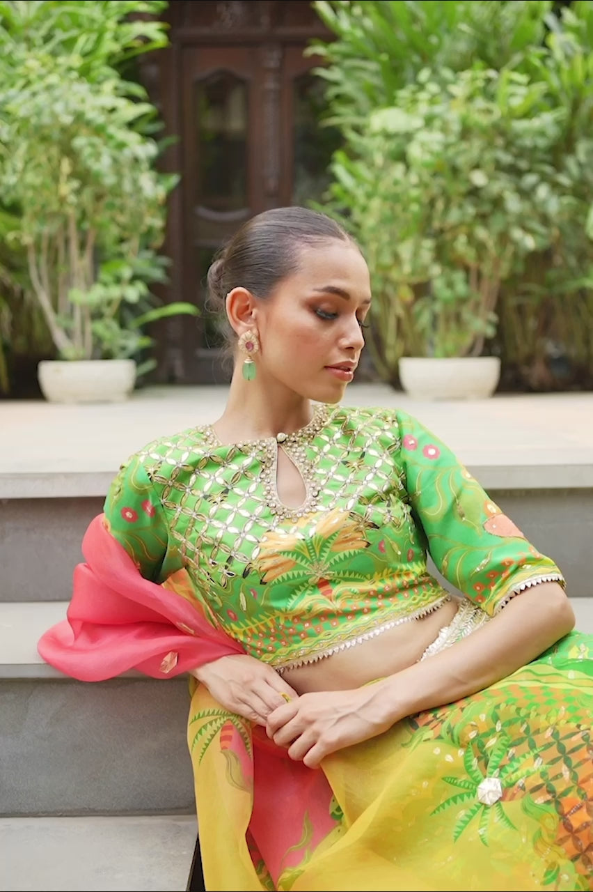 Parrot Green Zardozi Raw Silk Lehenga Choli (3-Piece) - Image 5