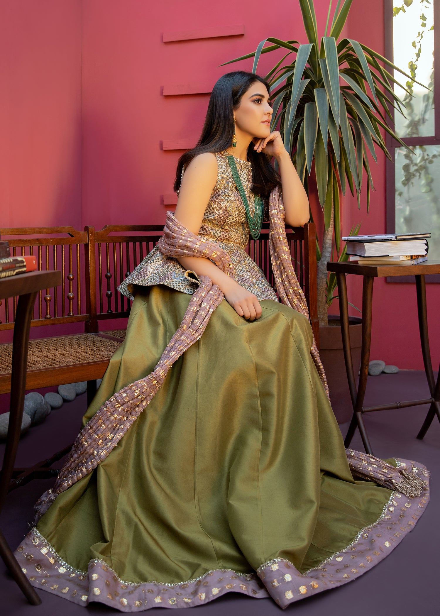 Pakistani Mehndi Green Embroidered Rawsilk Lehenga (3-Piece) - Image 2