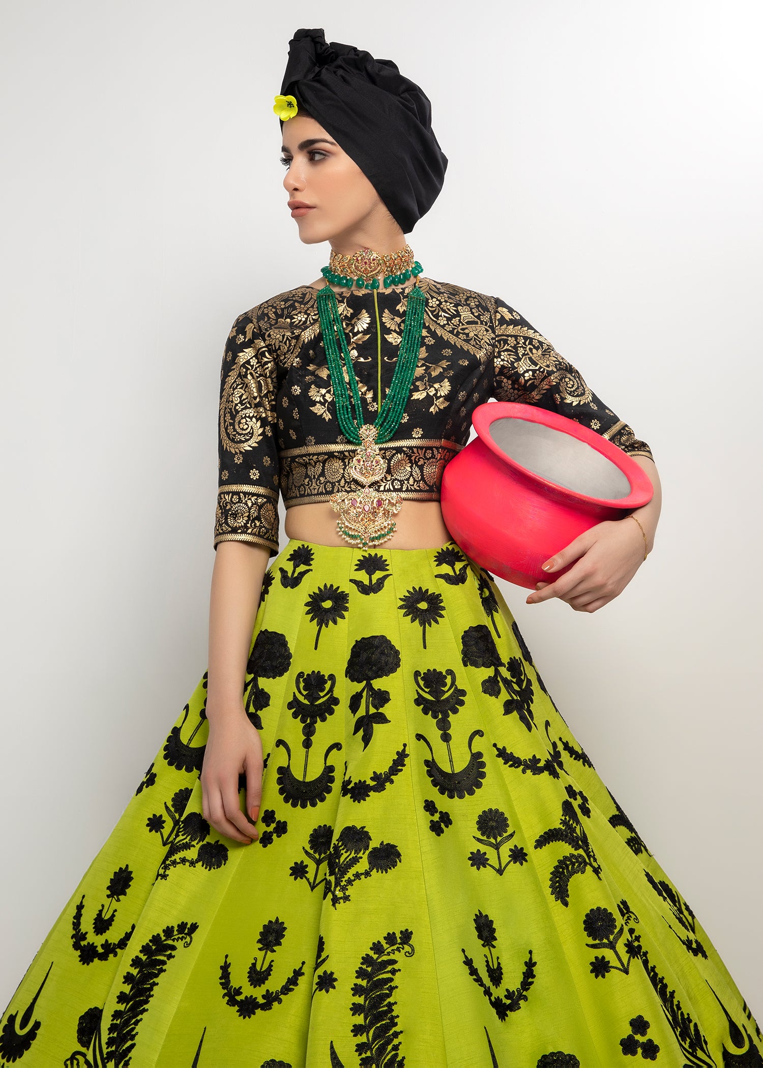 Pakistani Dhaani Green Aari Embroidered Silk-Blend Lehenga Choli (3-Piece) - Image 2