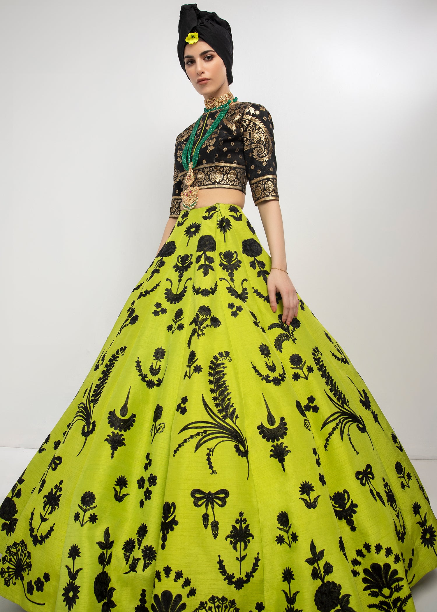 Pakistani Dhaani Green Aari Embroidered Silk-Blend Lehenga Choli (3-Piece) - Image 1