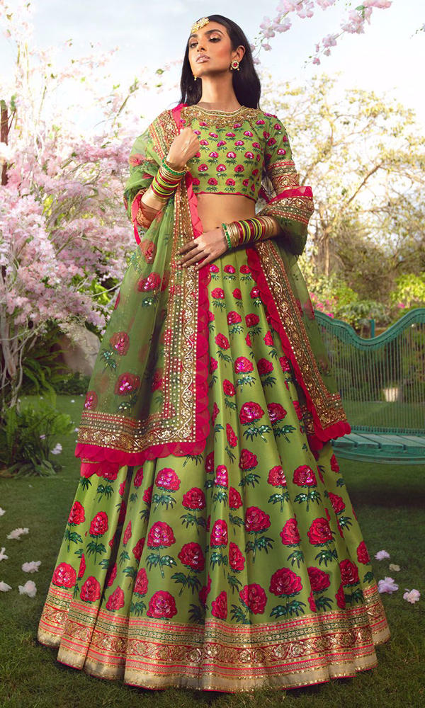 Vibrant Green Floral Silk-Blend Lehenga (3-Piece) - Image 10