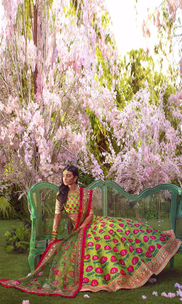 Vibrant Green Floral Silk-Blend Lehenga (3-Piece) - Image 11